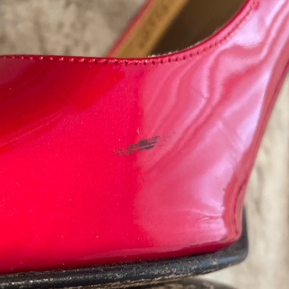 Stuart Weitzman Patent Red Square Peep Toe Heels … - image 7